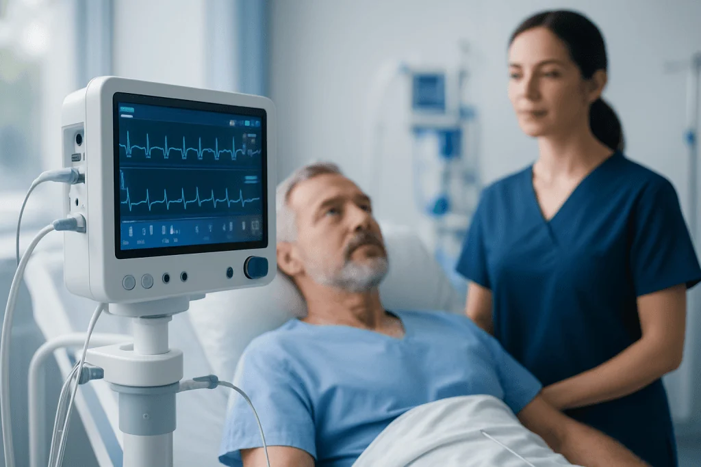 Patient undergoing heart monitoring in a hospital setting.
