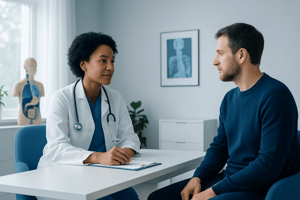 Doctor consulting with male patient in a medical office.