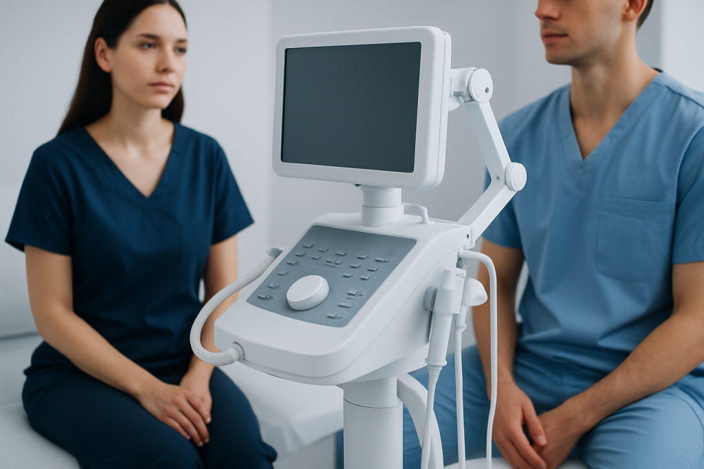 Medical consultation with ultrasound device at Acibadem Hospitals Group.