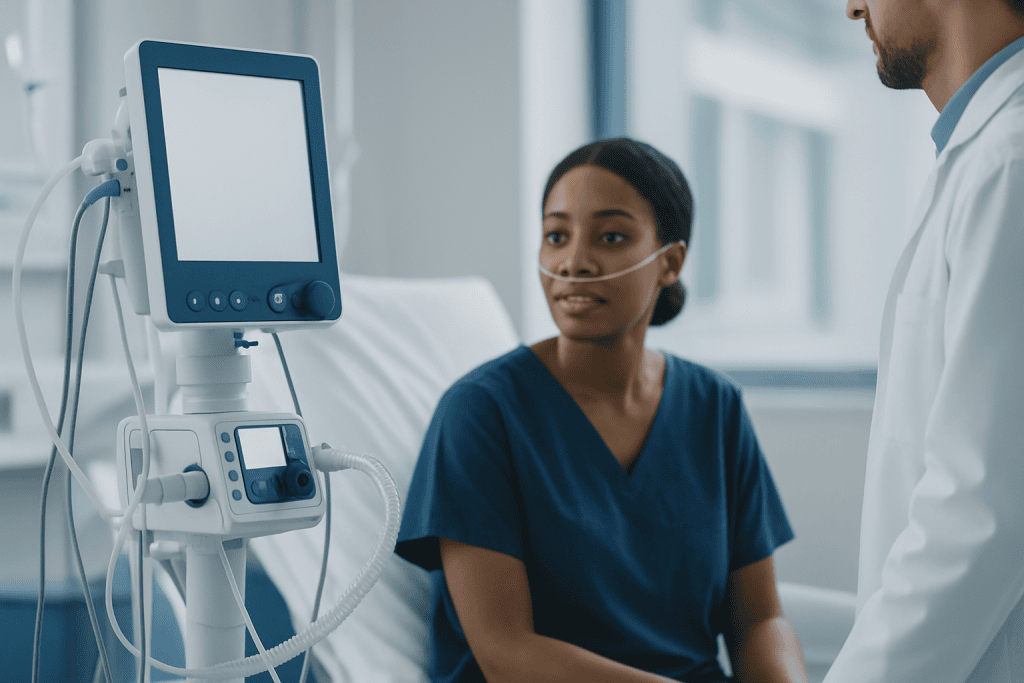 Patient in hospital bed with medical monitor and healthcare professional.