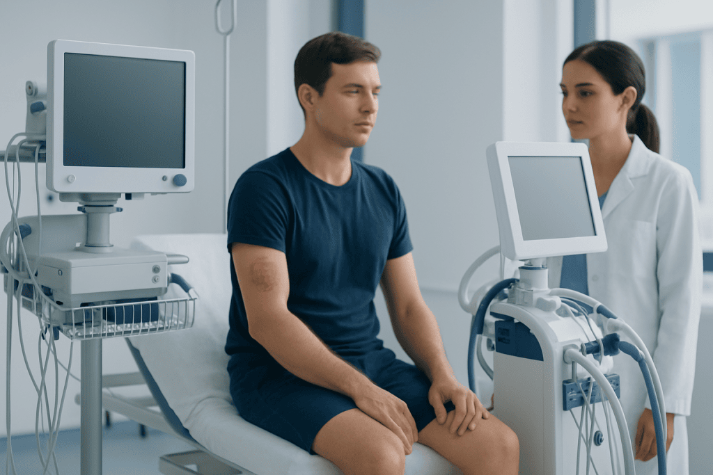 Young man in hospital undergoing medical examination with doctor present.