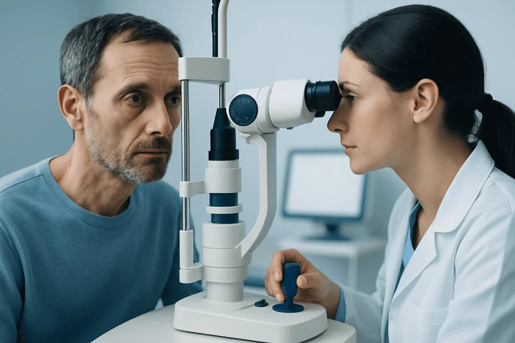 Ophthalmologist examining a patient's eyes with a slit lamp microscope.