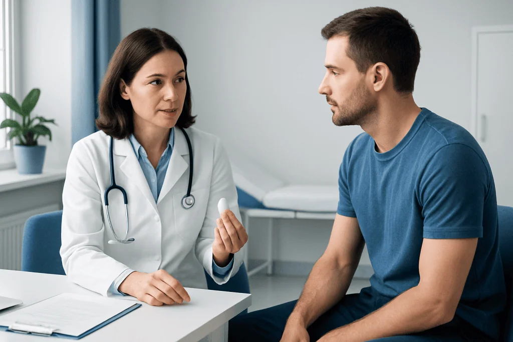 Doctor consulting with a male patient in a medical office setting.