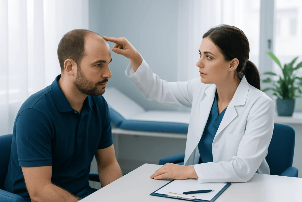 Doctor examining patient's scalp for hair transplant consultation at Acibadem Hospital.