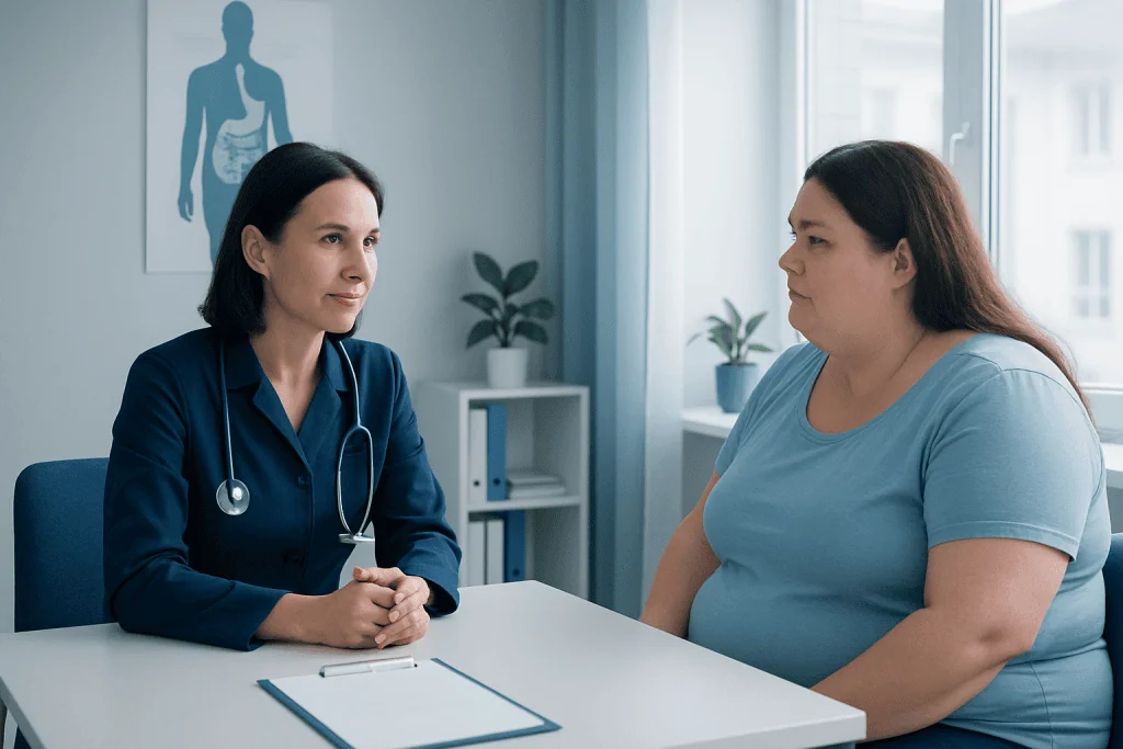 Doctor consulting with a patient about obesity and health conditions.