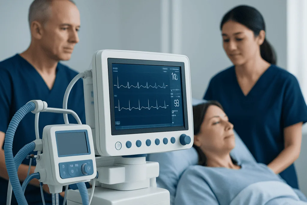 Medical team monitoring patient with ECG in hospital setting.