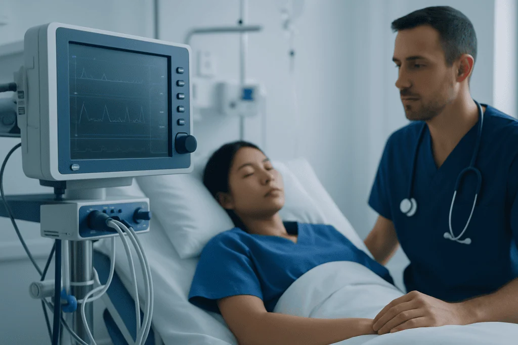 Doctor monitoring patient with medical equipment in hospital room.