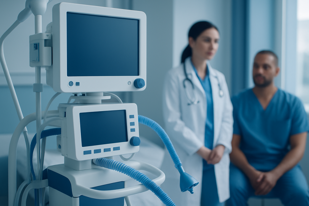 Hospital medical equipment with healthcare professionals in background.