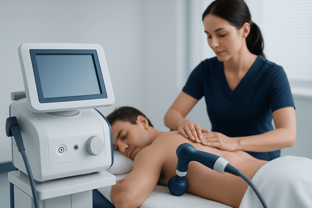 Medical professional performing ultrasound therapy on a patient.
