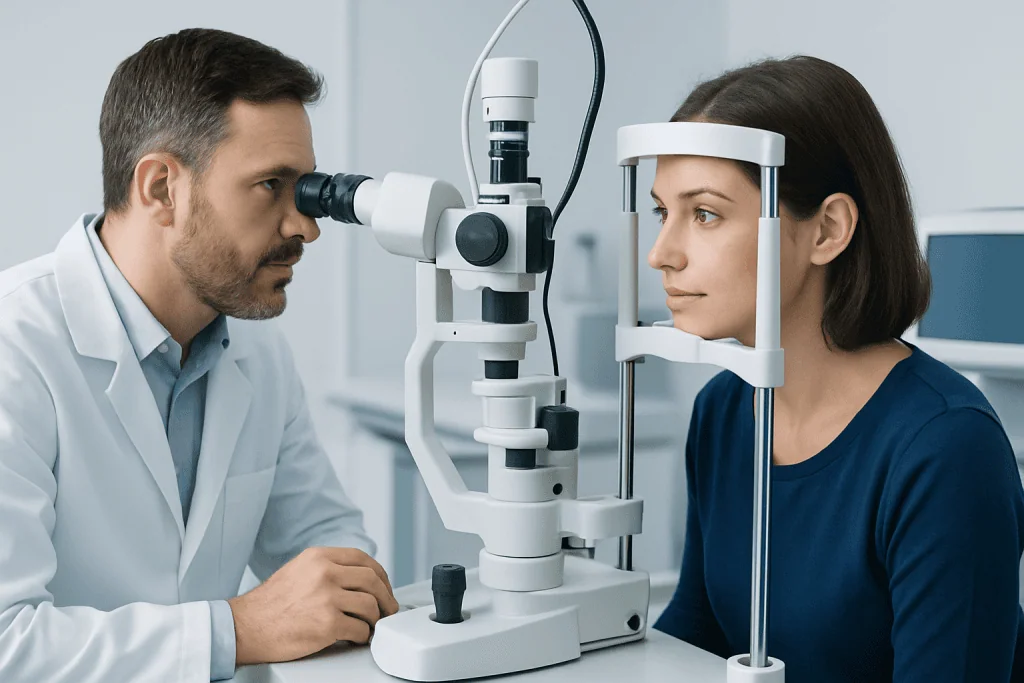 Ophthalmologist examining a woman's eyes with a slit lamp.