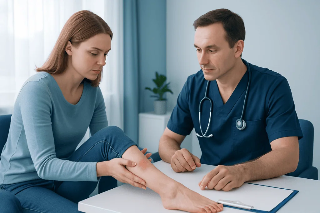 Doctor examining a patient's leg for skin issues or rashes.