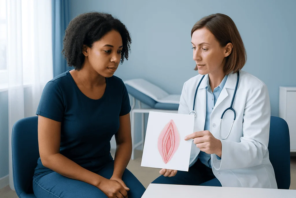 Doctor explaining labia anatomy to patient in a medical consultation room.