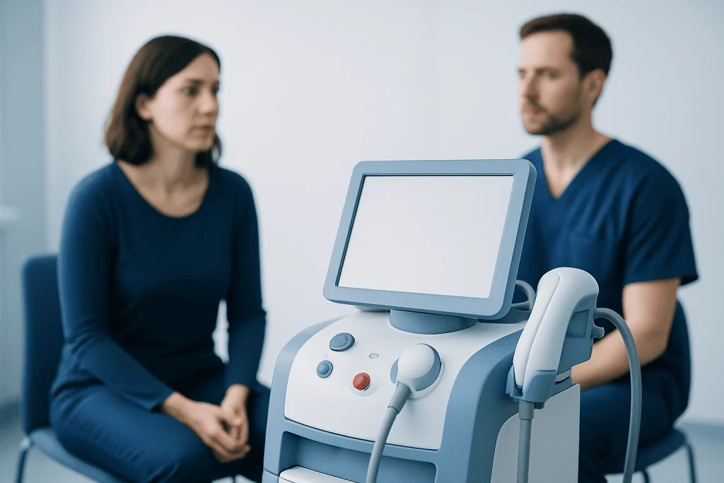 Medical consultation with ultrasound device at Acibadem Hospitals Group.