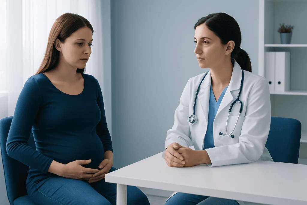 Pregnant woman consulting with a doctor in a medical office.