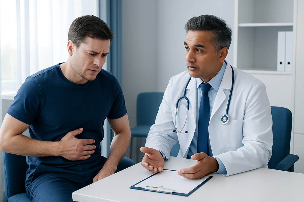 Doctor consulting with patient about stomach pain behind the navel.