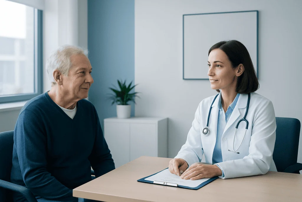 Doctor consulting with senior male patient in a modern clinic setting.