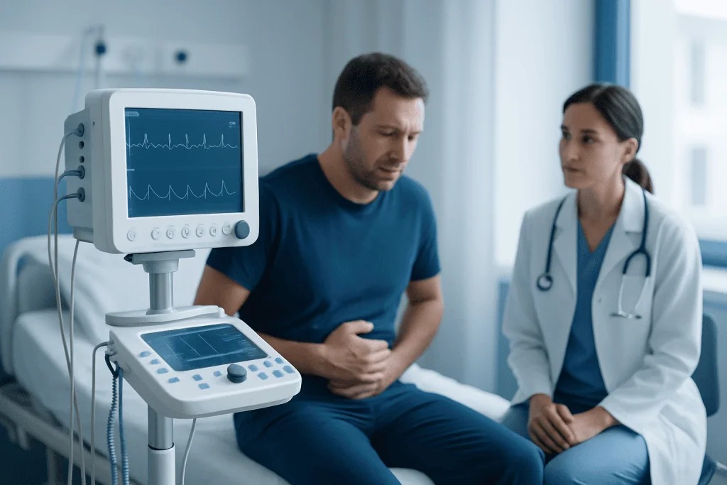 Doctor consulting patient with heart monitor in hospital room.