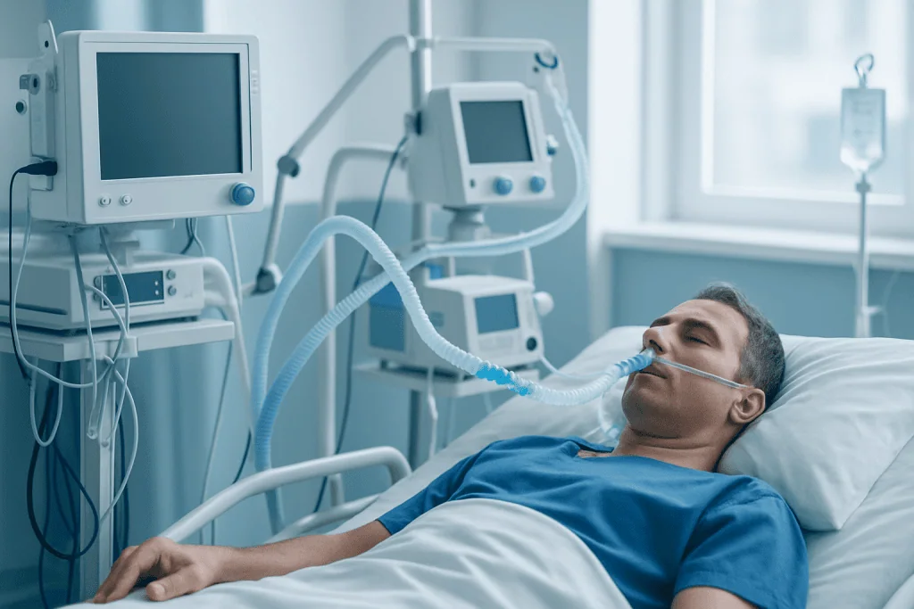 Patient on ventilator in hospital ICU with medical monitors.