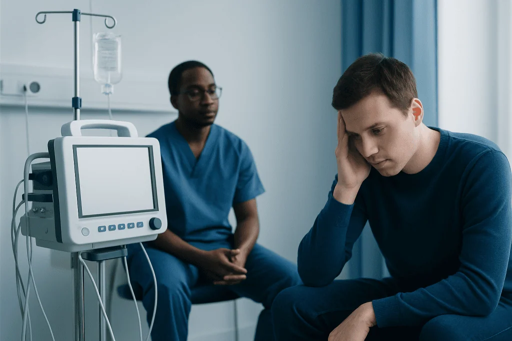 Young man distressed in hospital room with medical equipment and healthcare professional.
