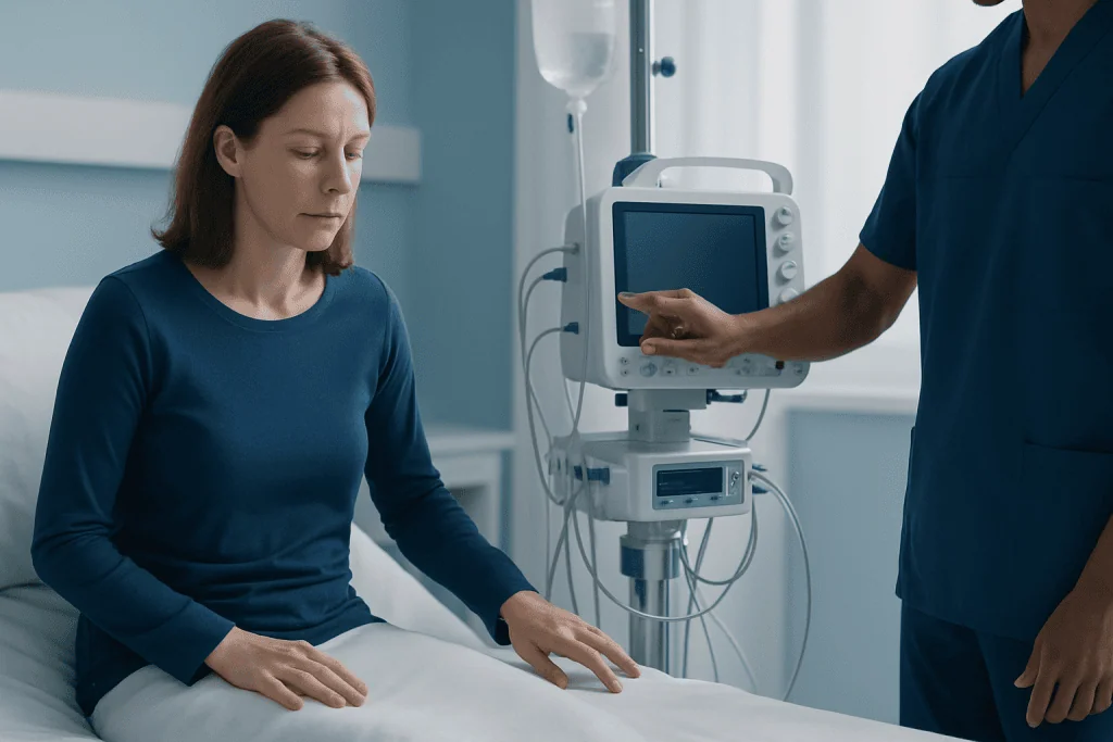 Patient undergoing neurological examination in hospital setting.