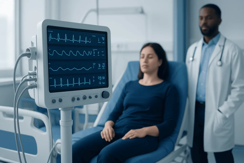 Patient undergoing sleep study with medical monitoring equipment at Acibadem Hospital.