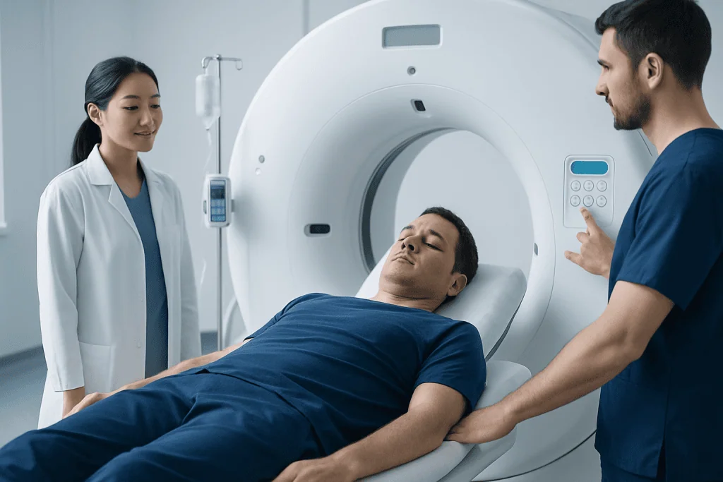 Patient undergoing MRI scan at Acibadem Hospital with medical staff present.