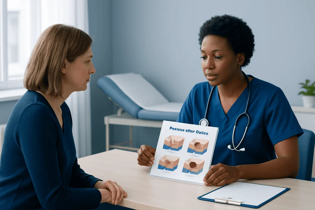 Healthcare professional explains pressure ulcer stages to patient with visual aids.