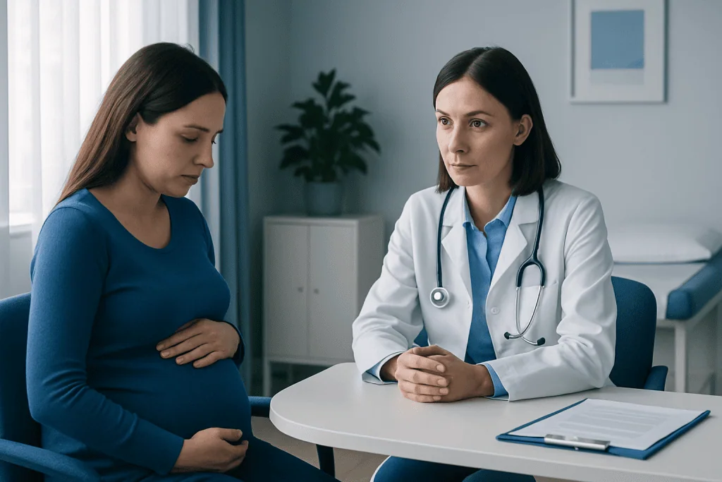 Doctor consulting pregnant woman in a medical office.