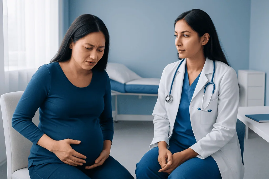 Pregnant woman consulting with doctor about preterm labor symptoms.