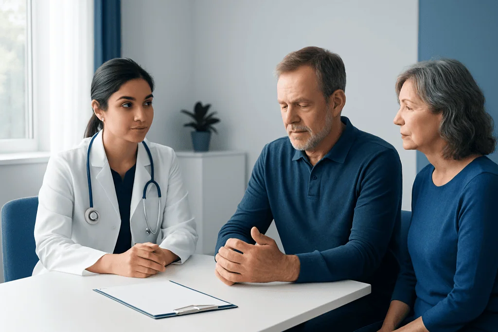 Doctor consulting with an elderly couple about health concerns in a medical office.