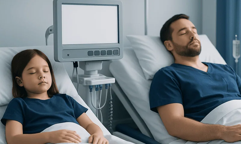 Child and adult patient resting in hospital beds with medical monitor nearby.