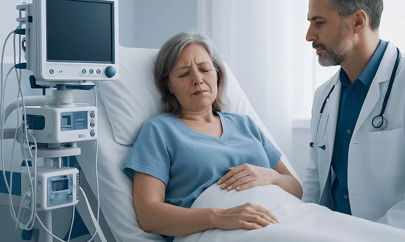 Doctor consulting with an elderly patient in hospital bed.