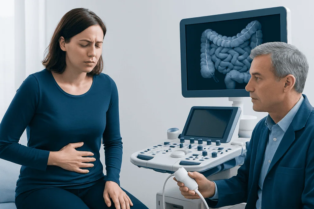 Woman experiencing abdominal pain during medical consultation at Acibadem Hospital.