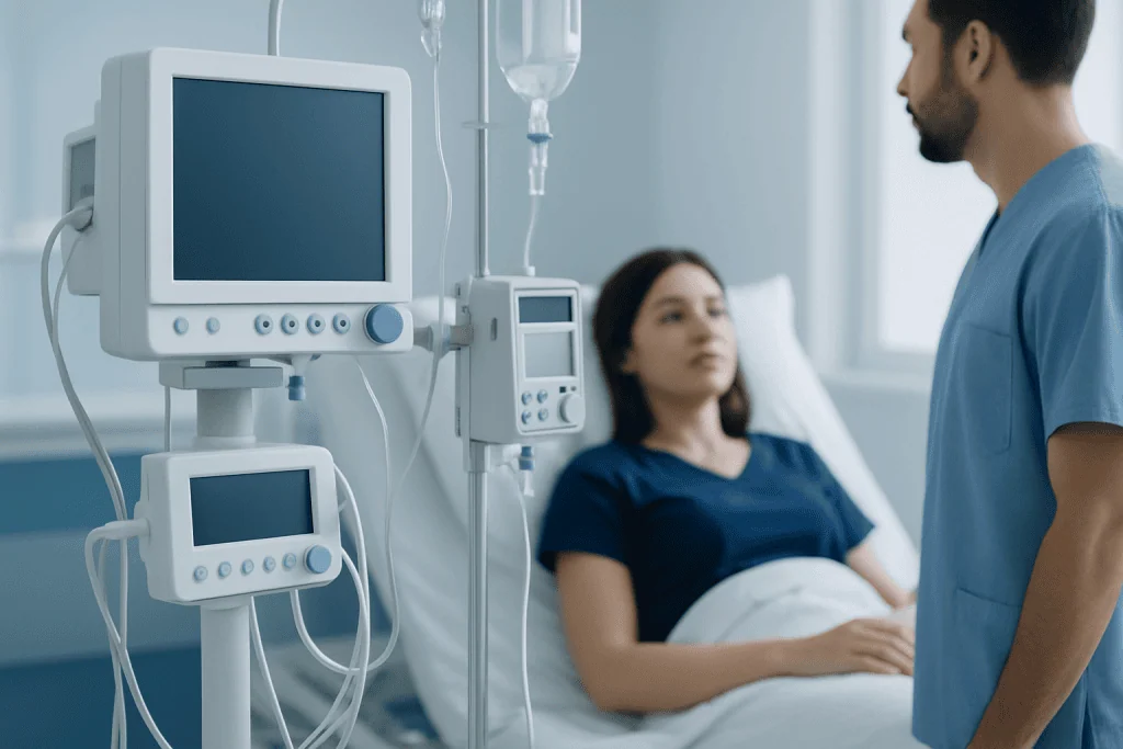 Medical professional consulting a patient in a hospital room with monitors.