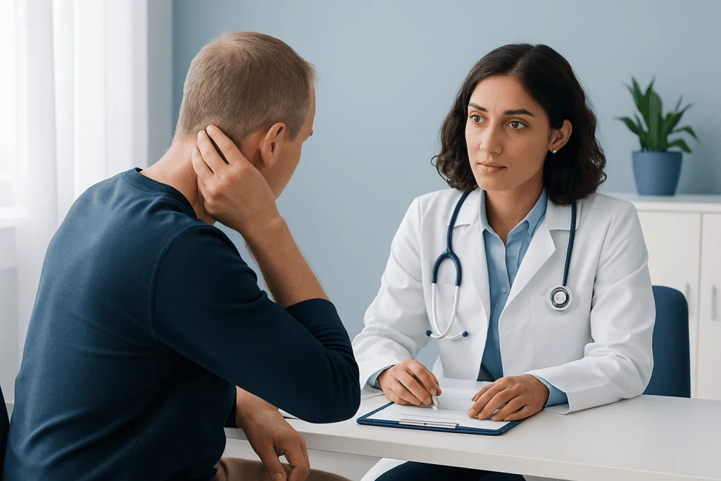 Doctor consulting with a patient about a bump on the back of the head.