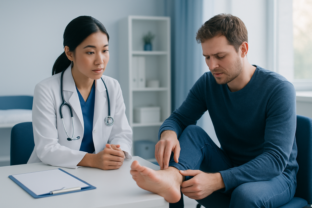 Doctor examining patient's foot in a consultation room.
