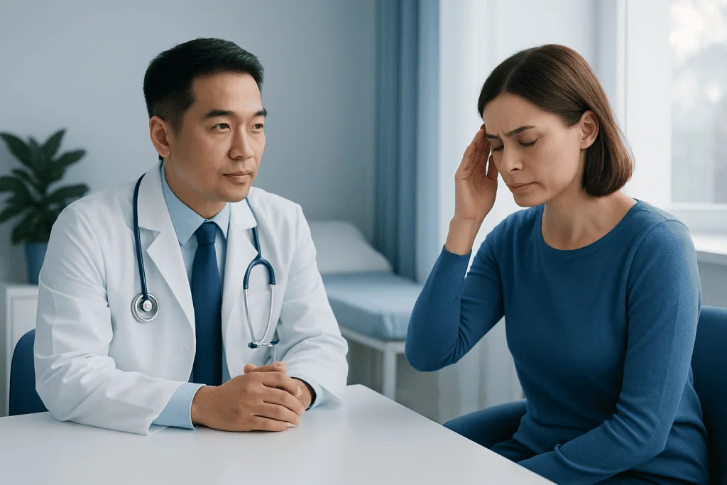 Doctor consulting with a woman experiencing headache in a clinical setting.