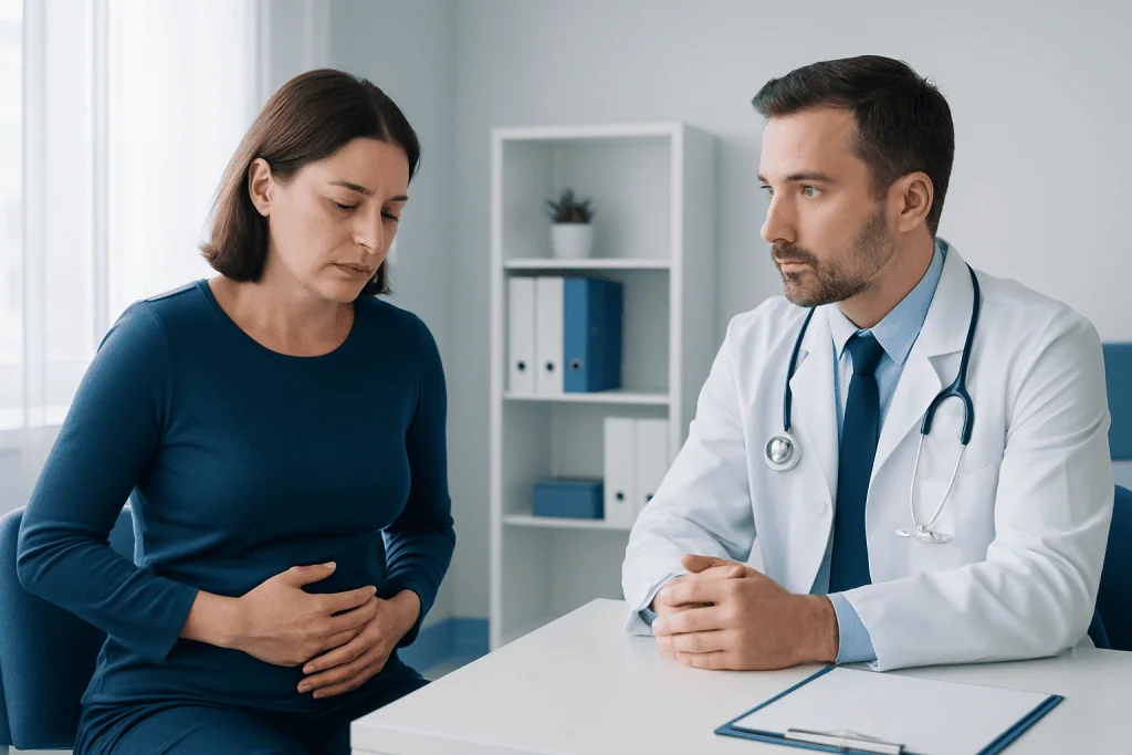 Doctor consulting a woman with stomach pain in a medical office.
