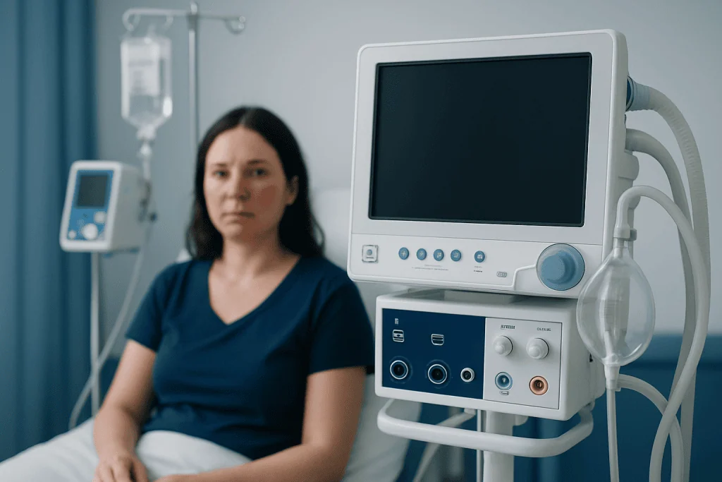 Patient in hospital room with medical monitor and IV drip.