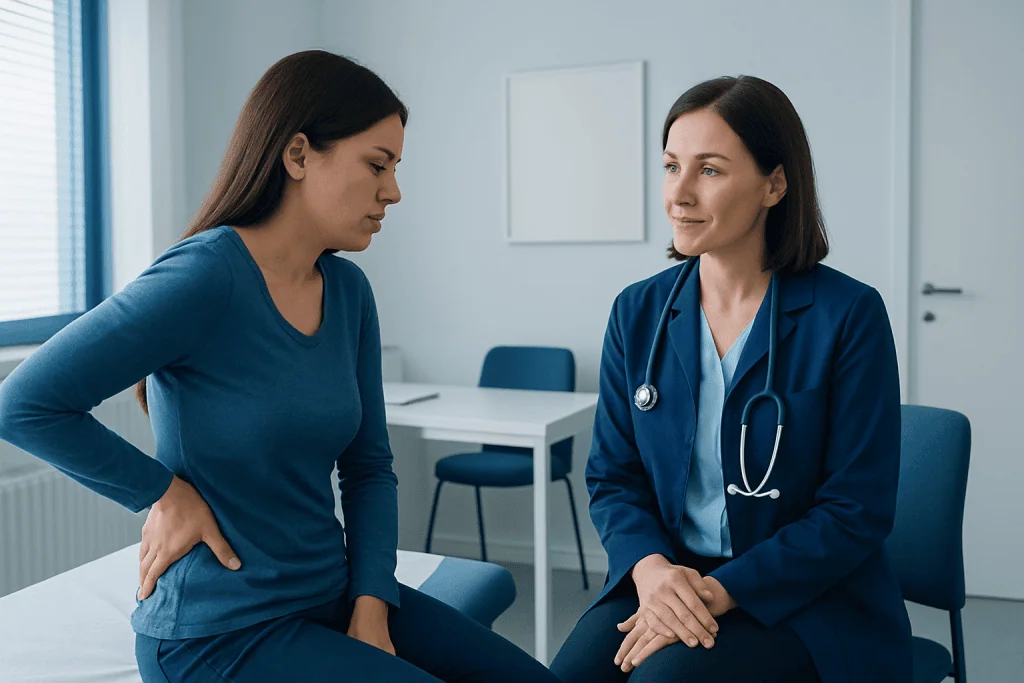 Doctor consulting with a patient about back pain and nausea symptoms.