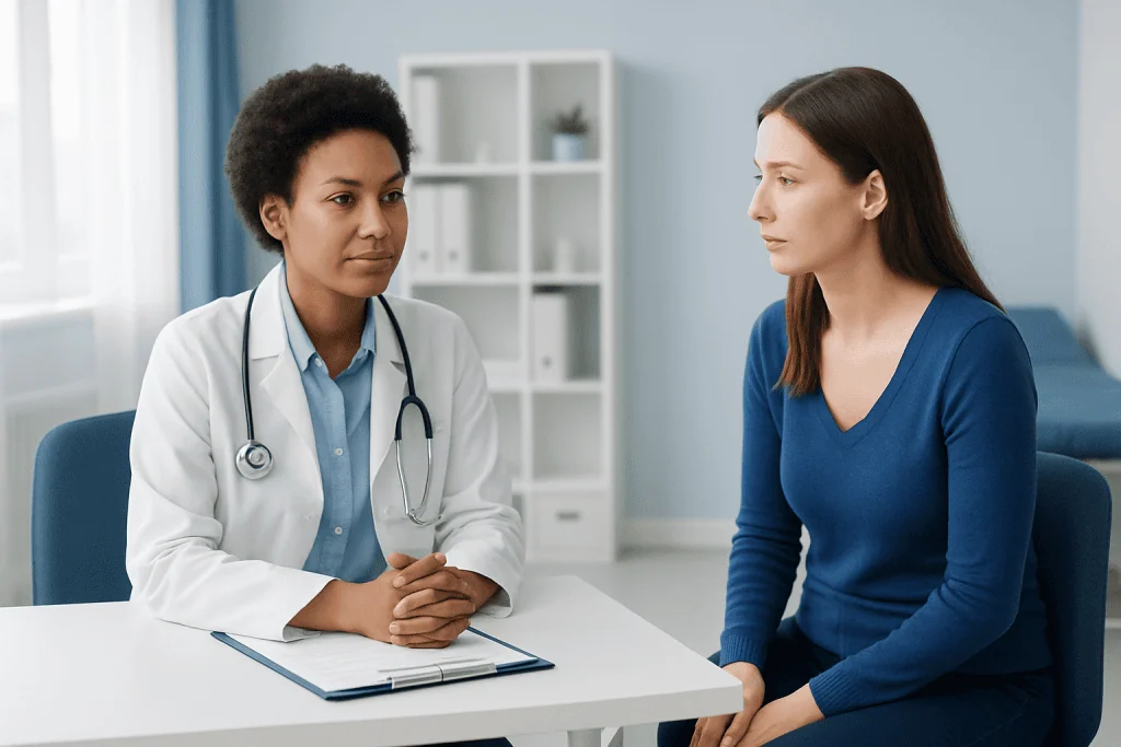Female patient consulting with a doctor in a medical office.