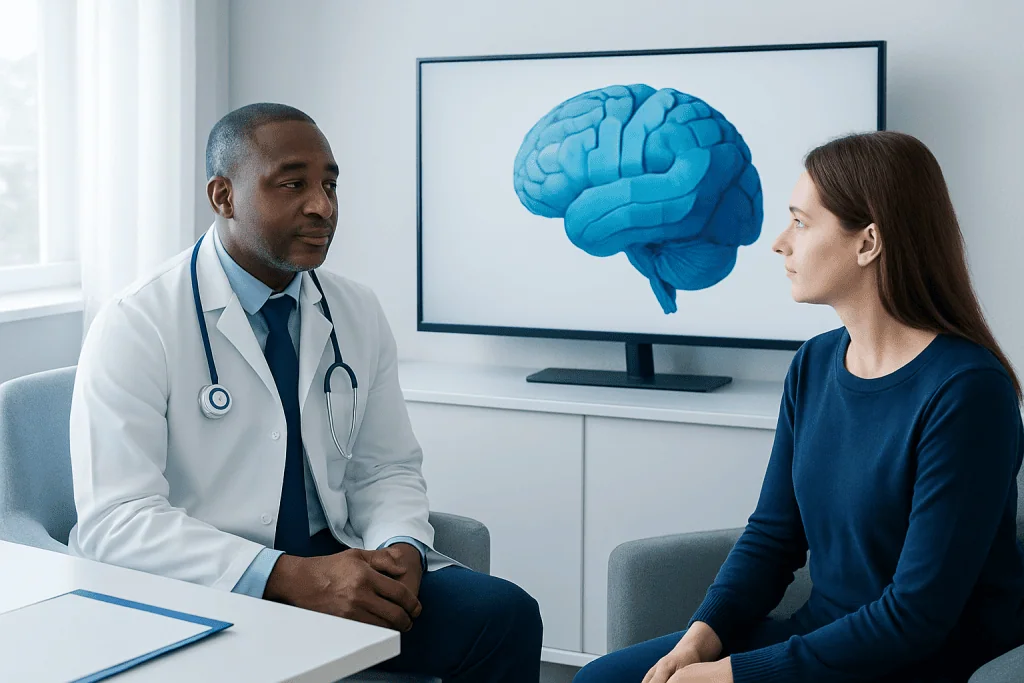 Doctor explaining brain functions to a patient in a medical consultation room.