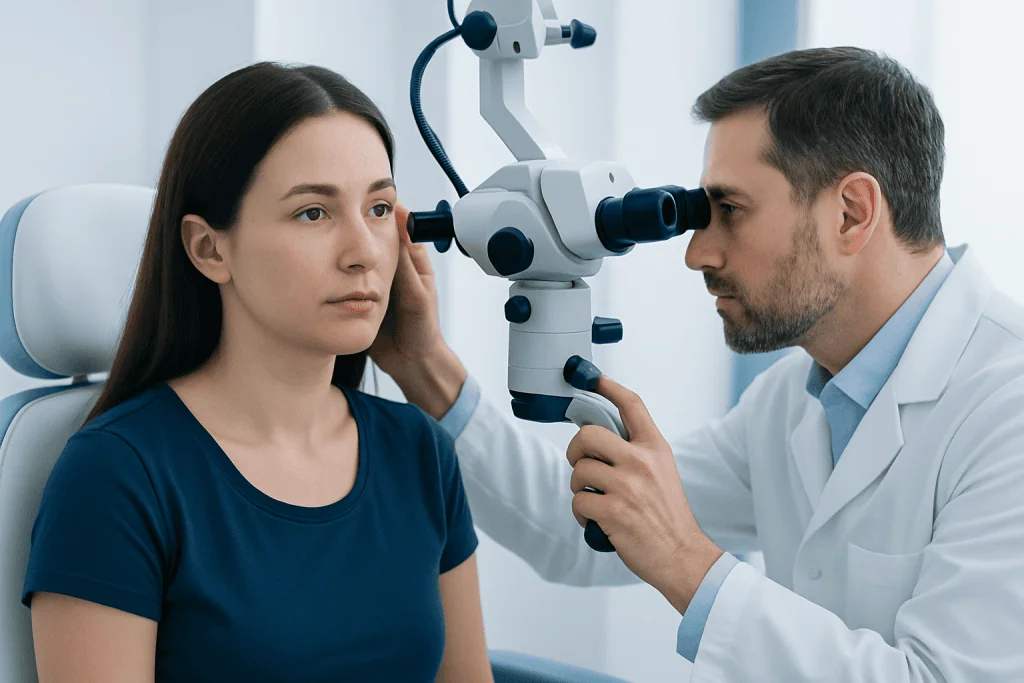 Otolaryngologist examining patient's ear with a microscope in a clinic setting.