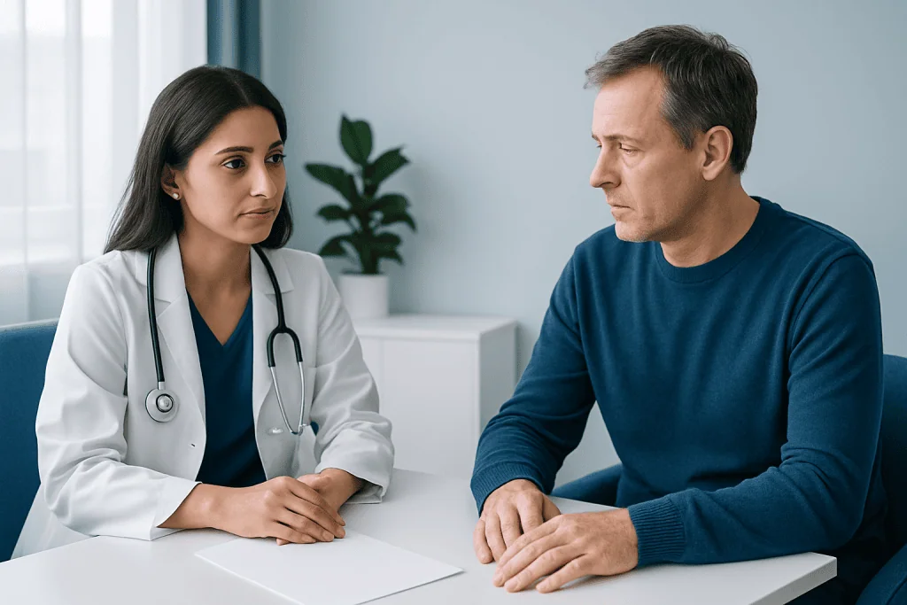 Doctor consulting with a male patient in a medical office.