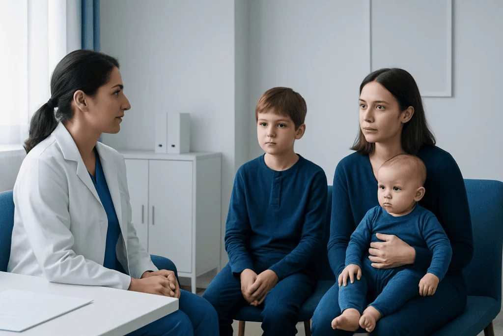 Doctor consulting with a family about health concerns in a clinic setting.
