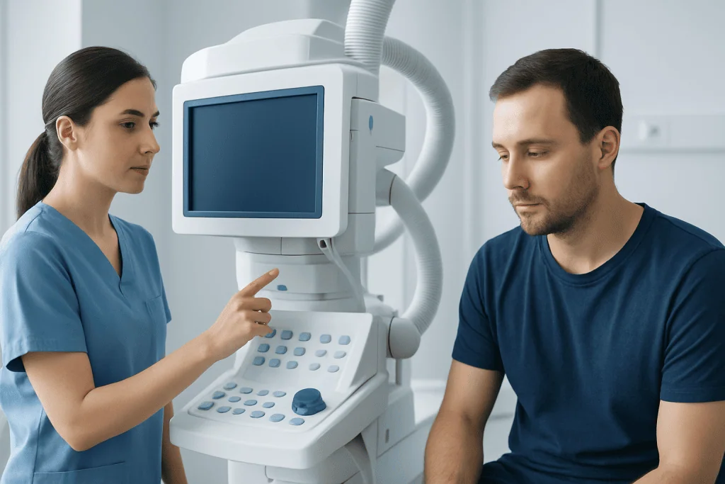 Medical professional explains ultrasound machine to patient in clinic.