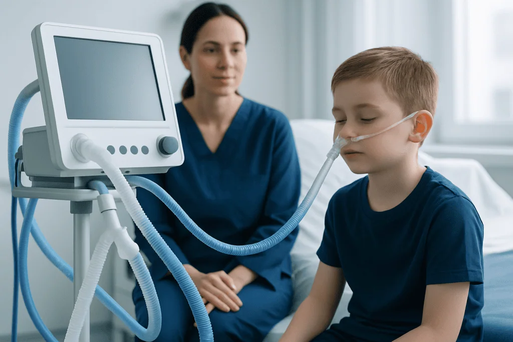Child receiving respiratory support in a hospital setting with medical staff present.