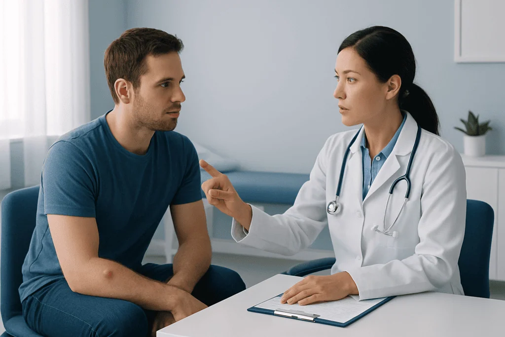 Doctor consulting patient about cysts and boils in a medical office.
