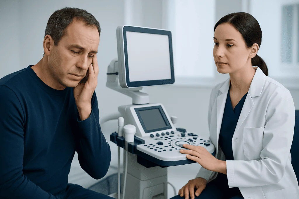 Patient experiencing discomfort during medical examination at Acibadem Hospital.