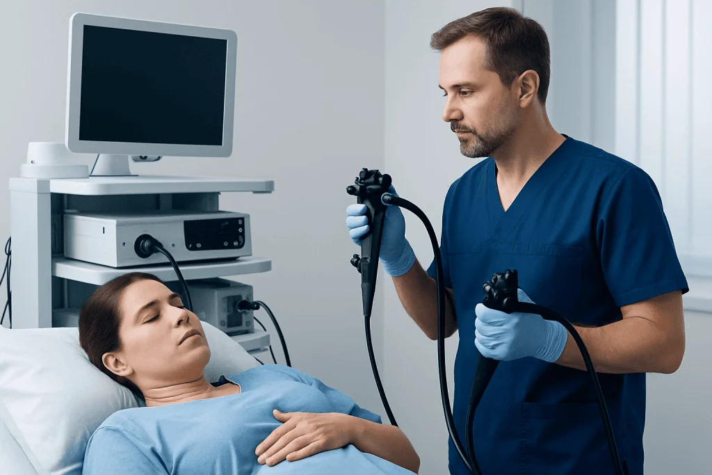 Endoscopy procedure being performed on a patient in a hospital setting.